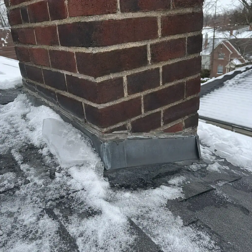 Snow and ice collected around the base of a brick chimney
