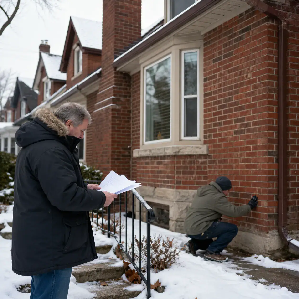 Masonry contractor inspecting a Toronto brick home for energy-related masonry issues