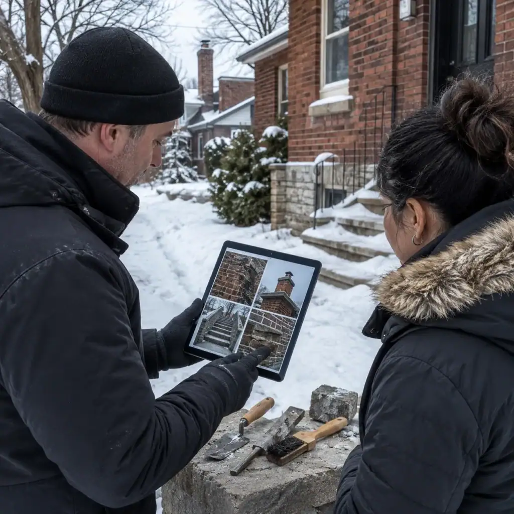 Masonry contractor reviewing winter emergency repair options with a homeowner