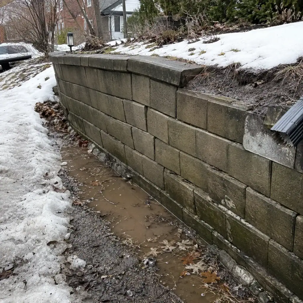 Retaining wall movement after snowmelt and winter freeze-thaw pressure