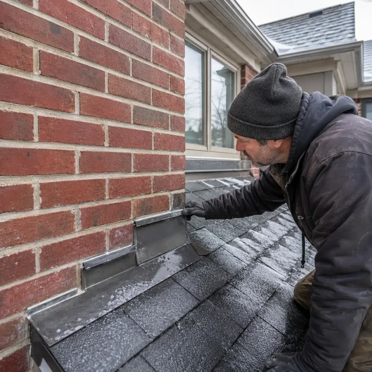 Mason fixing masonry at roof-to-wall junction for waterproofing.