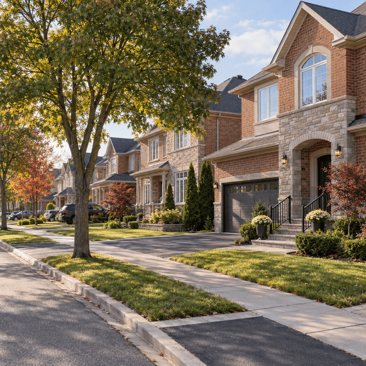 Brick and stone suburban homes lining a residential street beneath autumn trees