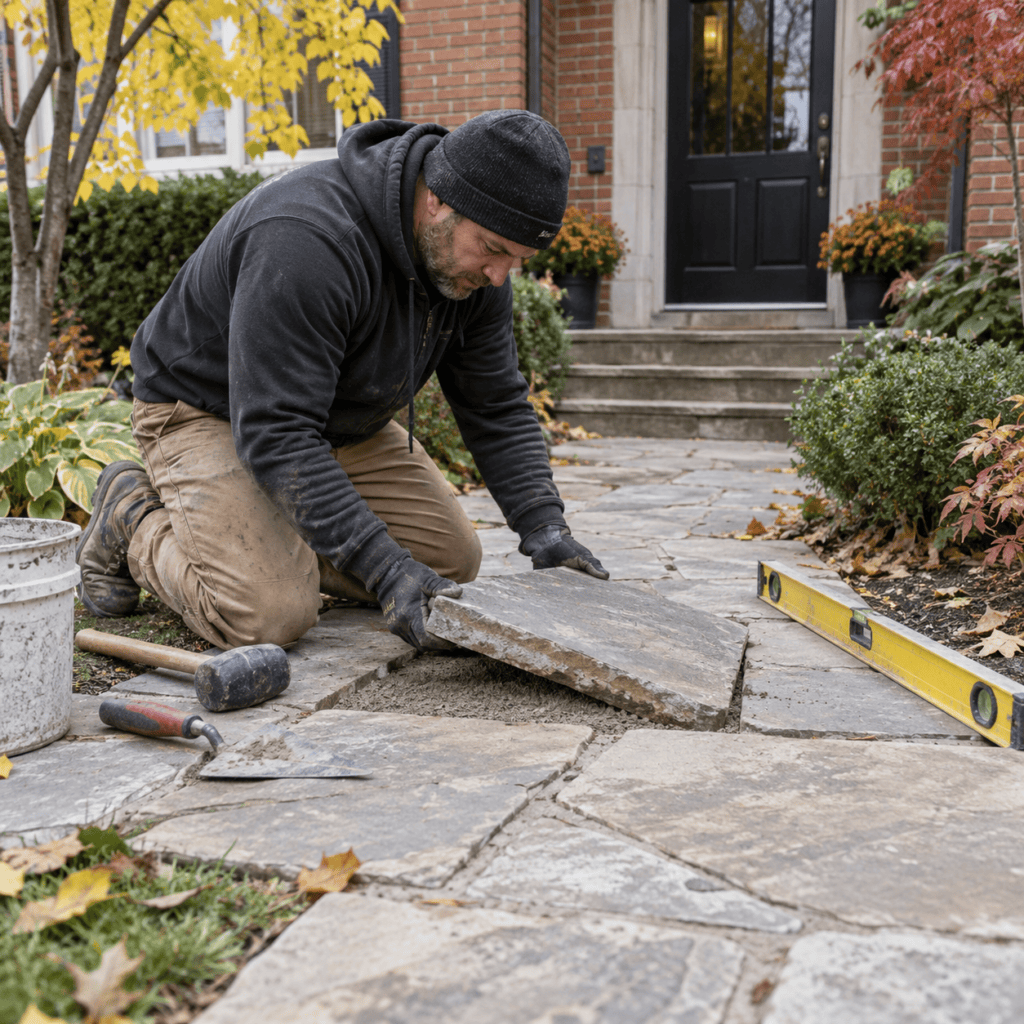 Mason resetting a loose stone in a Toronto residential walkway
