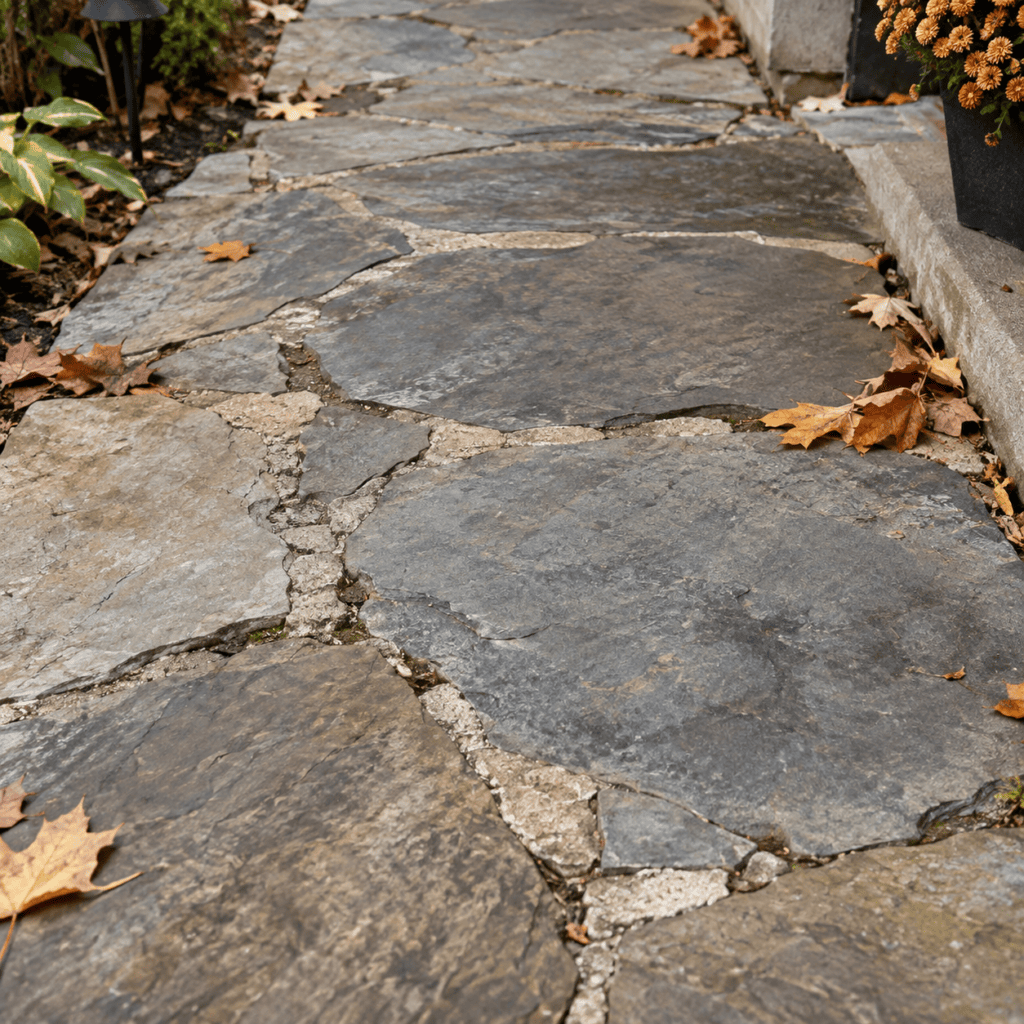 Cracked and missing mortar joints between flagstone walkway stones