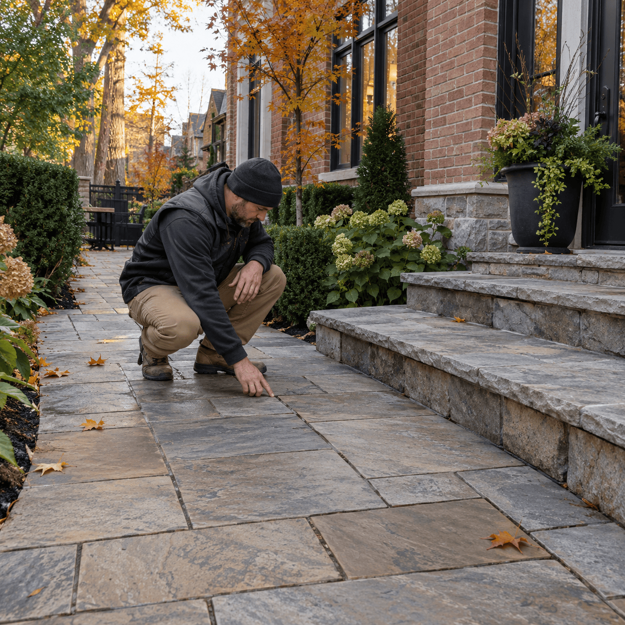 Natural stone patio being inspected before winter at a Toronto home