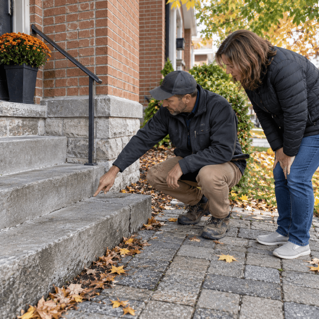 Homeowner discussing concrete porch steps and interlocking pavers with a masonry consultant