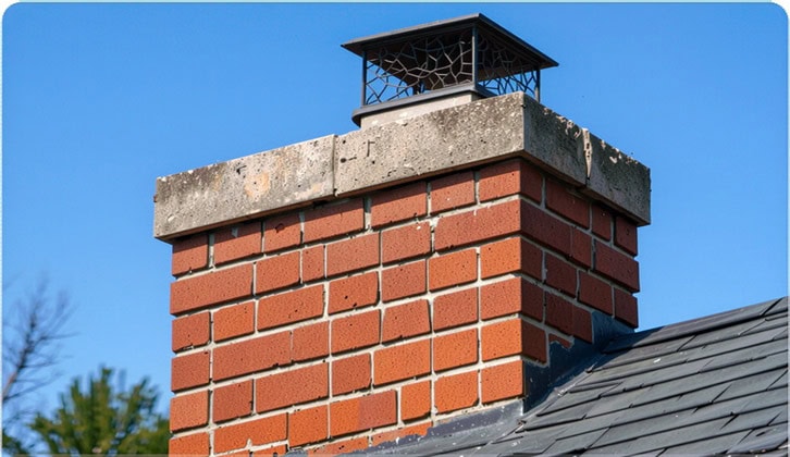Brick chimney with metal cap on roof, professional masonry work.