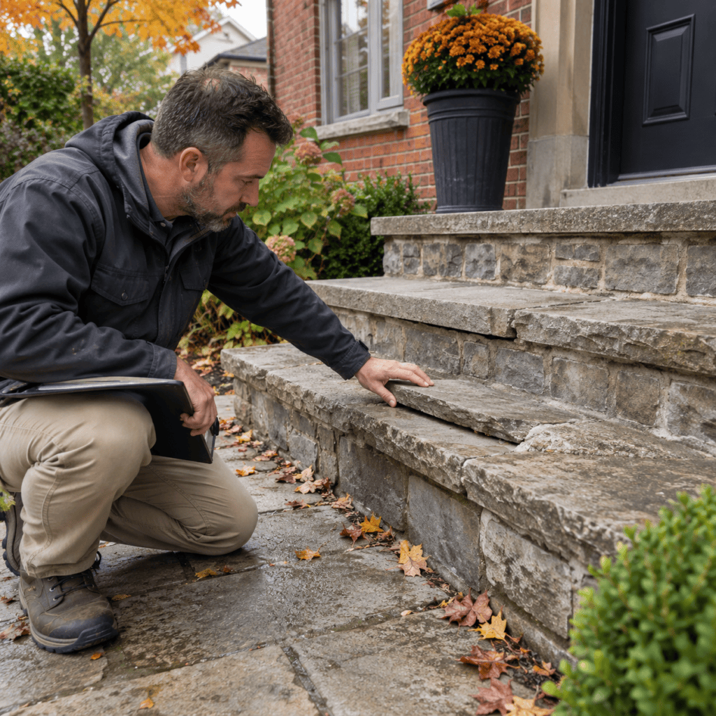 Stone entrance steps being checked for movement before winter