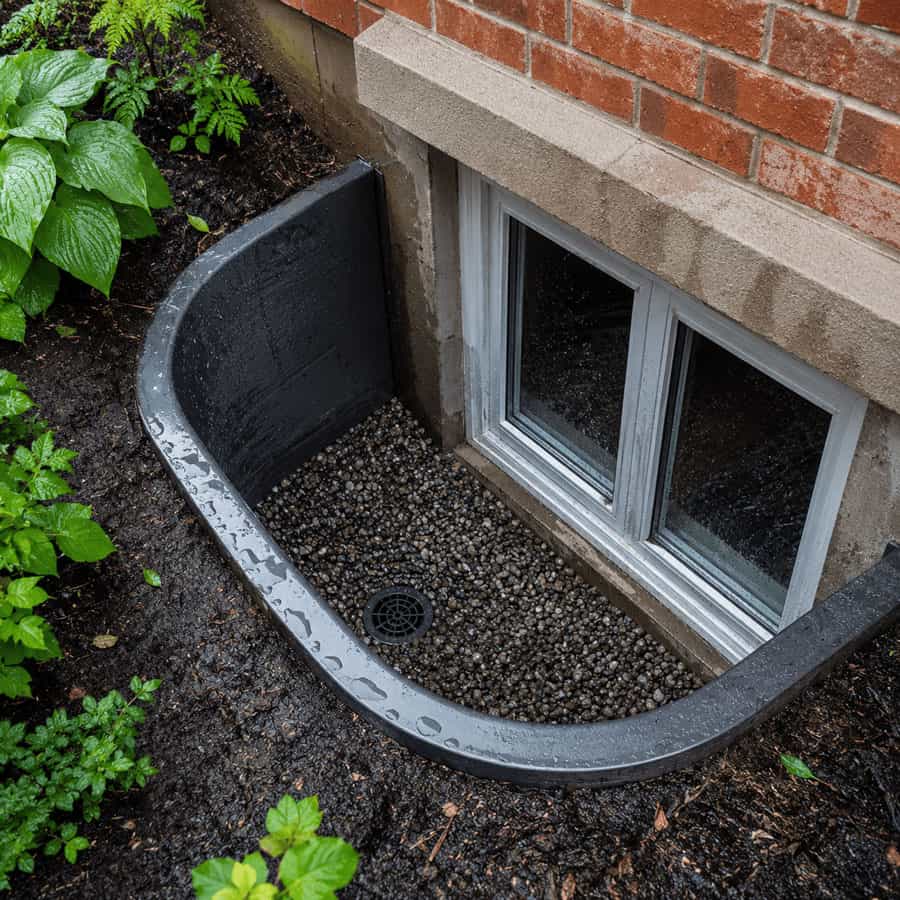Rain-soaked basement window well with gravel bed and central drain beside a brick foundation