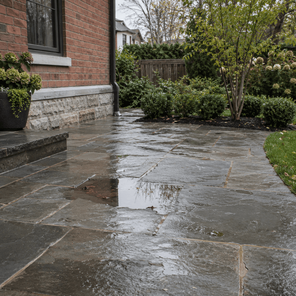 Water pooling in a low area of a Toronto stone patio after rain