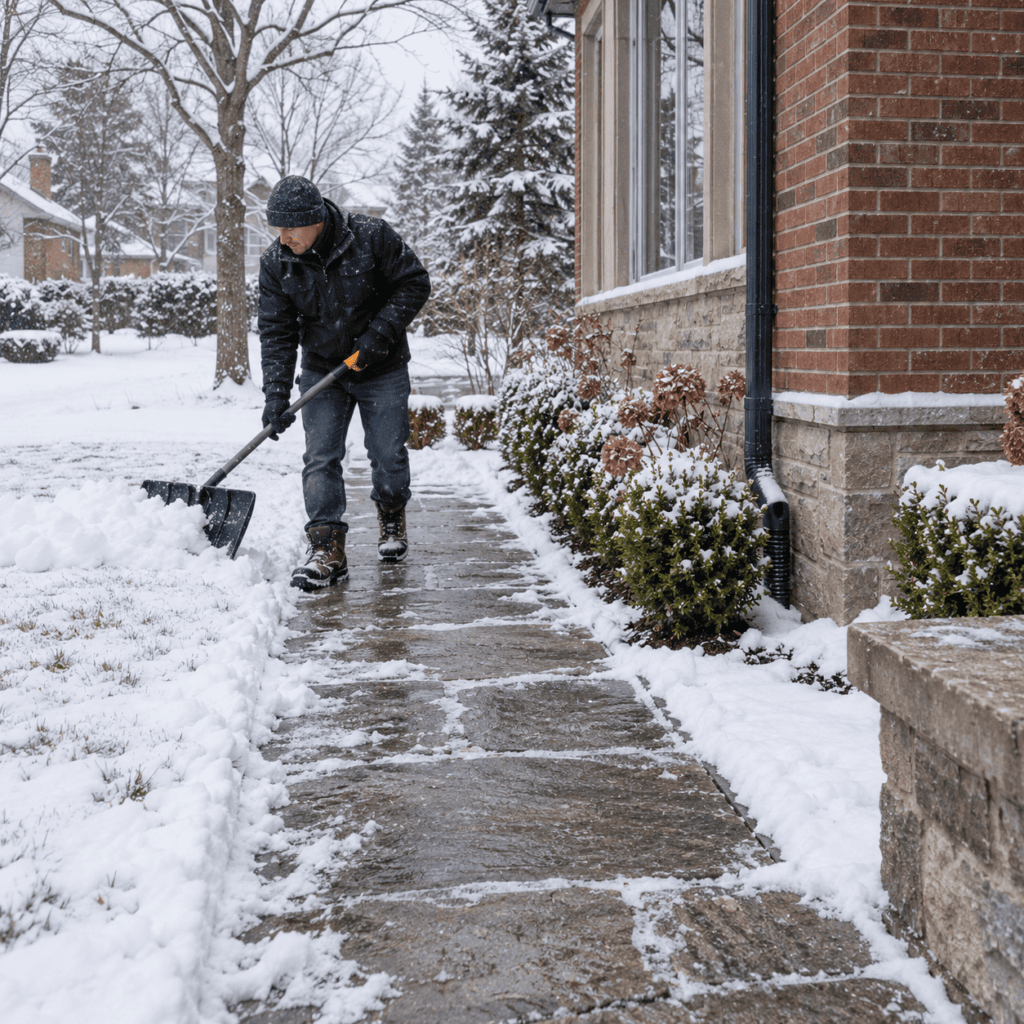 Snow being cleared from a stone walkway away from the home's foundation