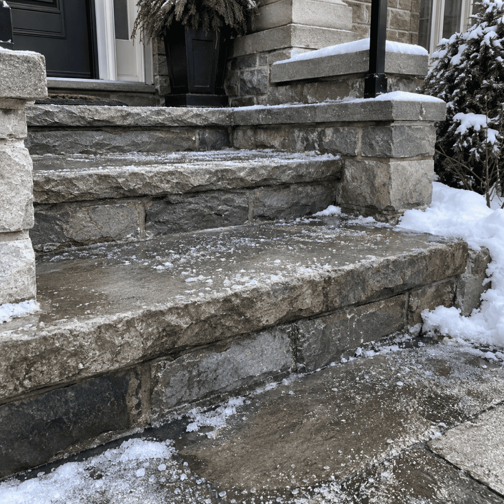 Snow-dusted stone entrance steps with rough-faced risers and masonry sidewalls