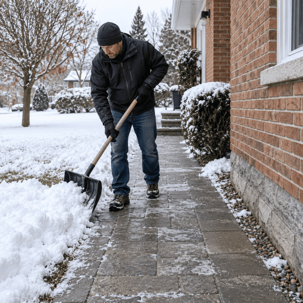 Person shoveling snow from an interlocking walkway beside a brick house