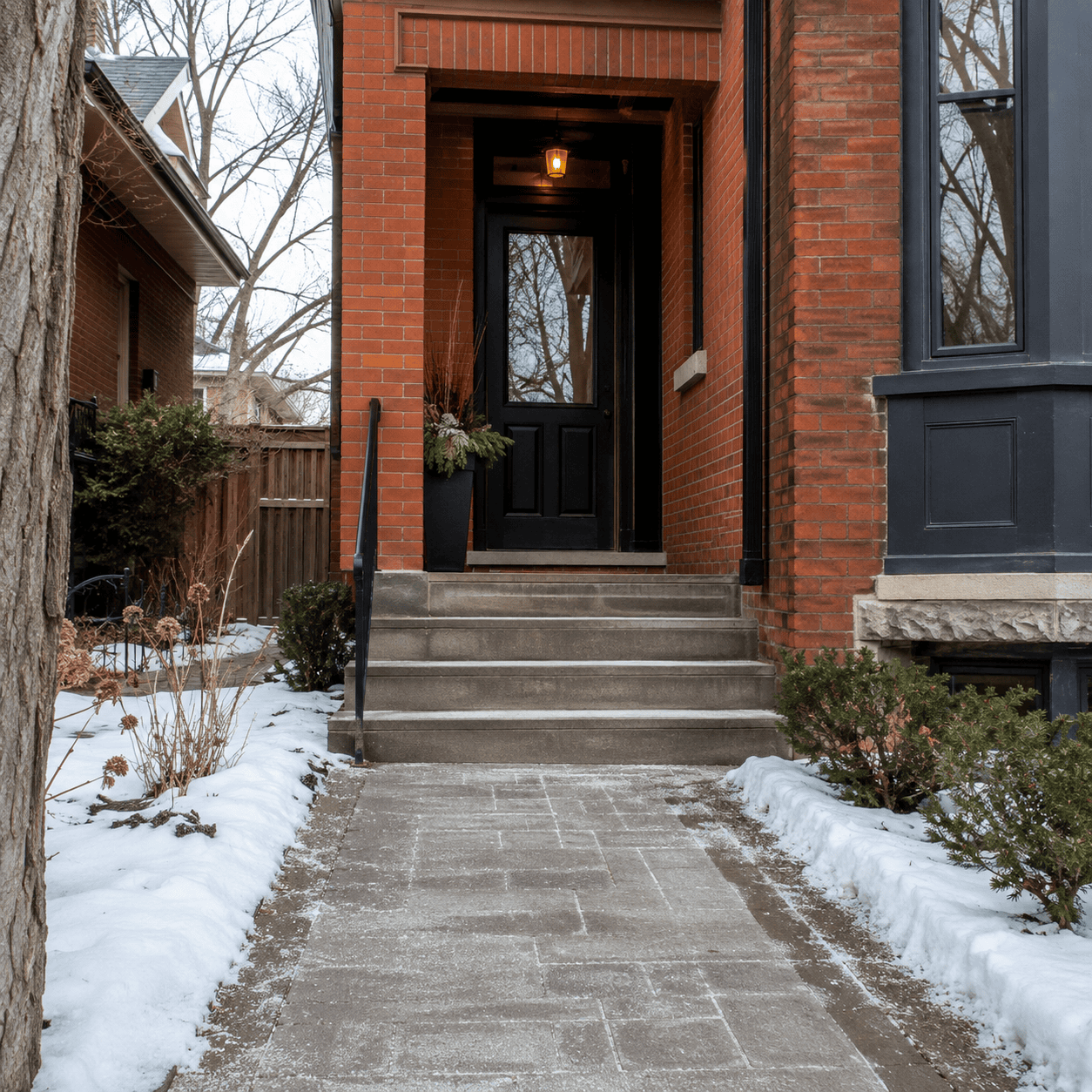 Snow-lined concrete walkway and steps leading to a red brick home entrance