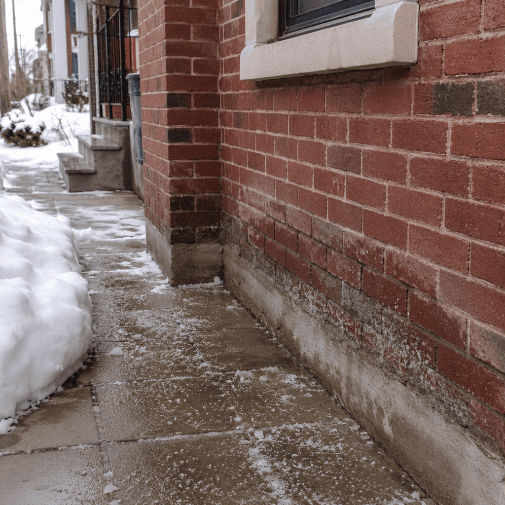 Snow-lined concrete walkway beside a red brick wall with white residue near the base