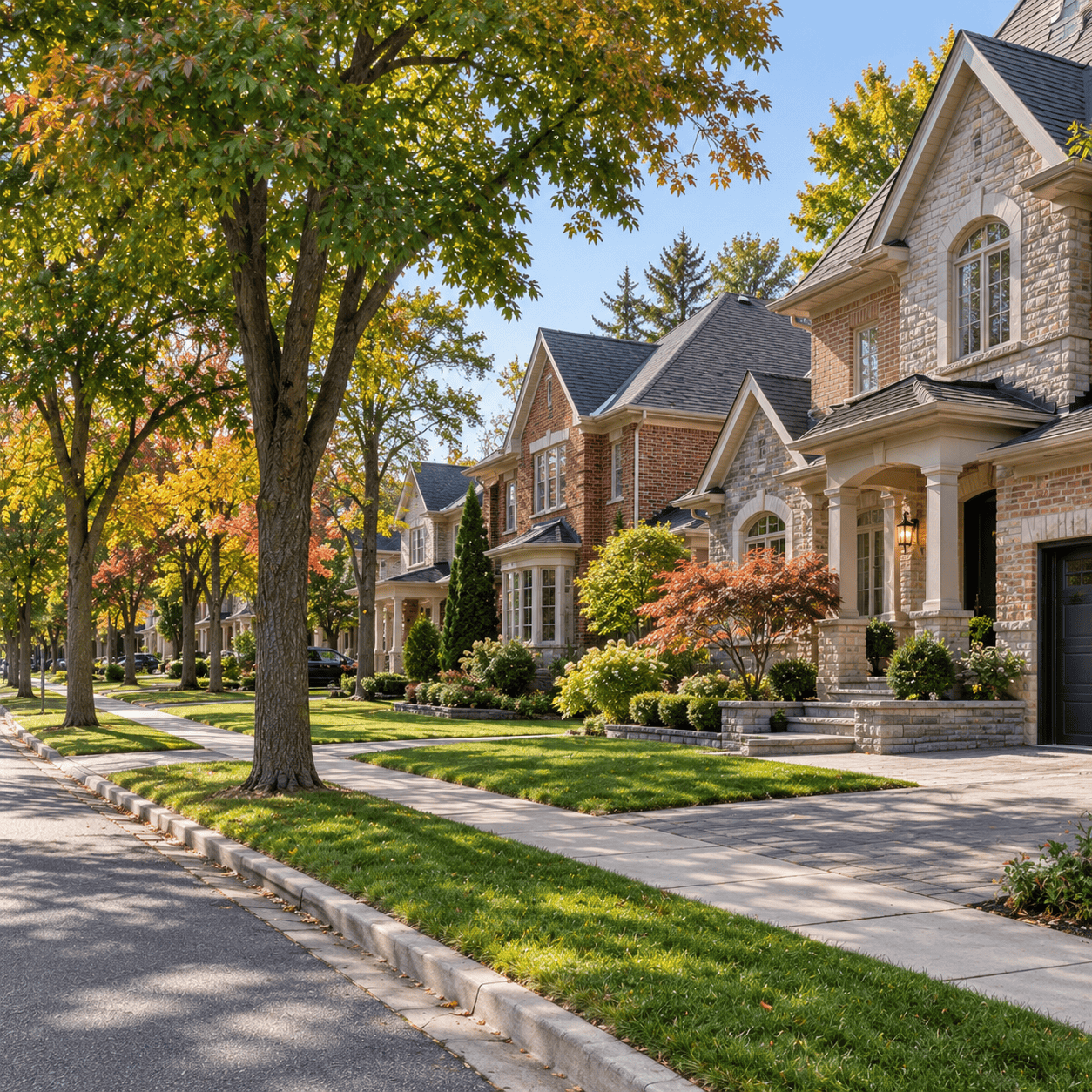 Tree-lined suburban street with brick and stone-clad homes, front steps, lawns, and autumn foliage