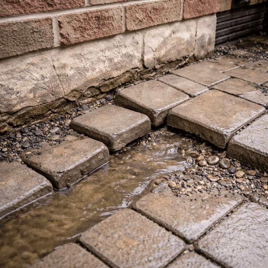 Standing water between uneven patio pavers beside a stained concrete foundation edge