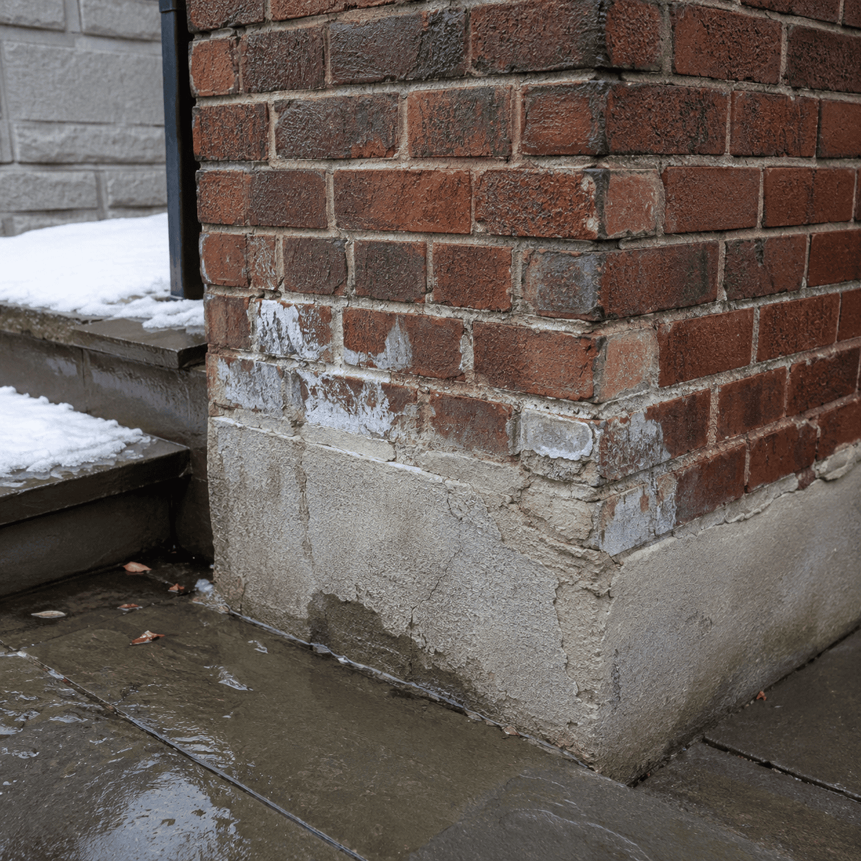 Weathered brick corner with white efflorescence, deteriorated mortar, cracked parging, and wet winter pavement