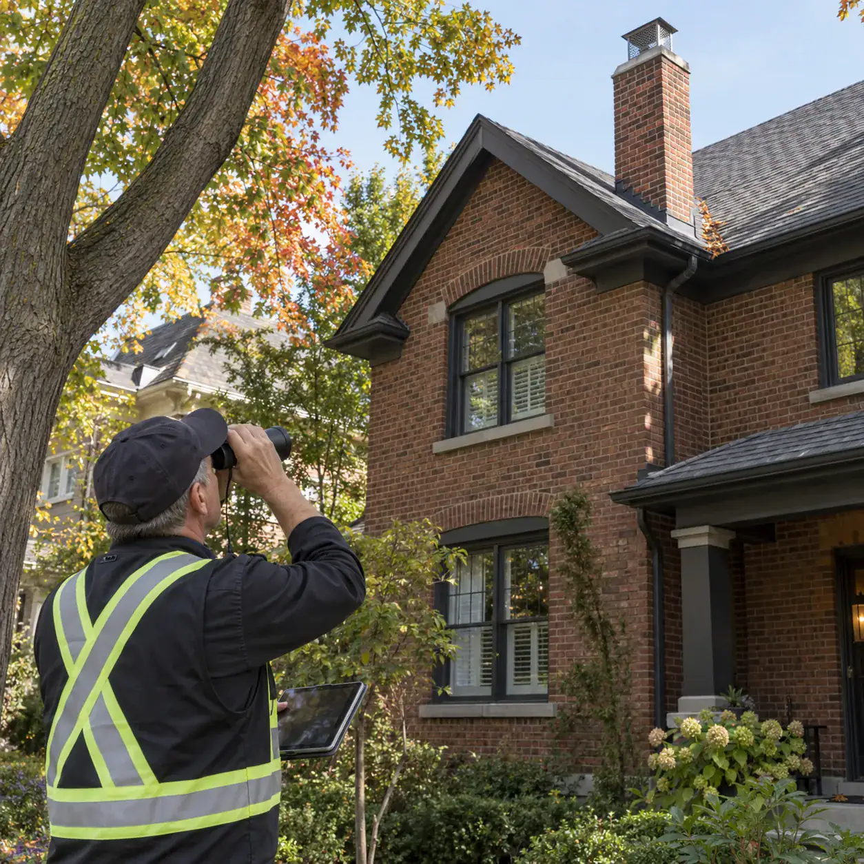 Masonry professional inspecting a chimney on a brick house in Toronto.
