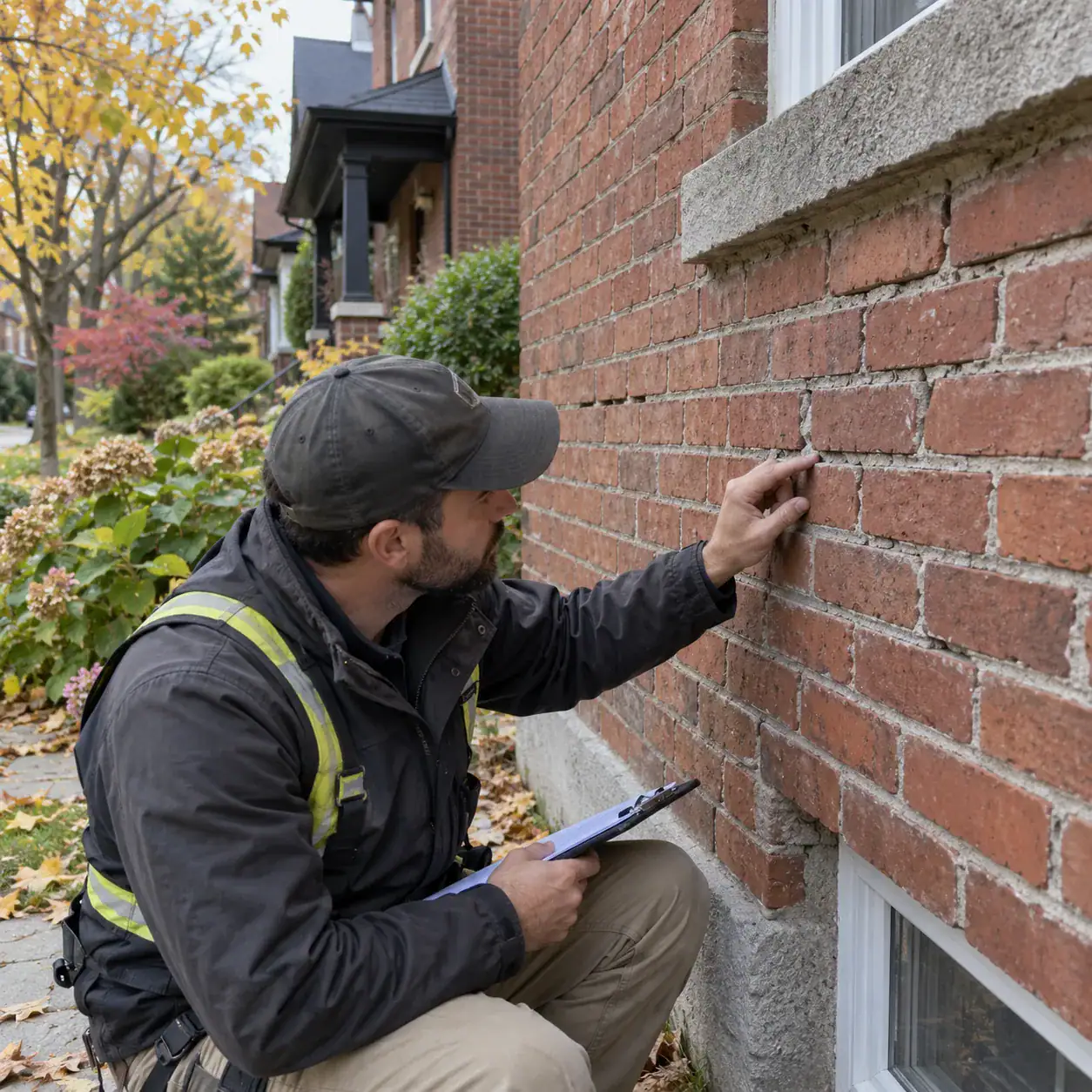 Mason inspecting brick mortar for repointing before winter in Toronto.