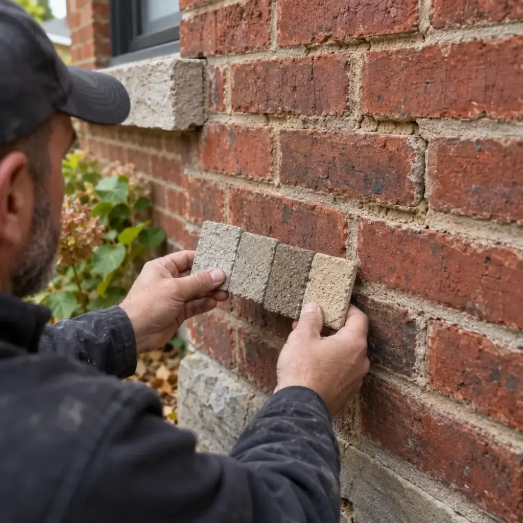 Mortar samples being compared with original joints on an older Toronto brick wall