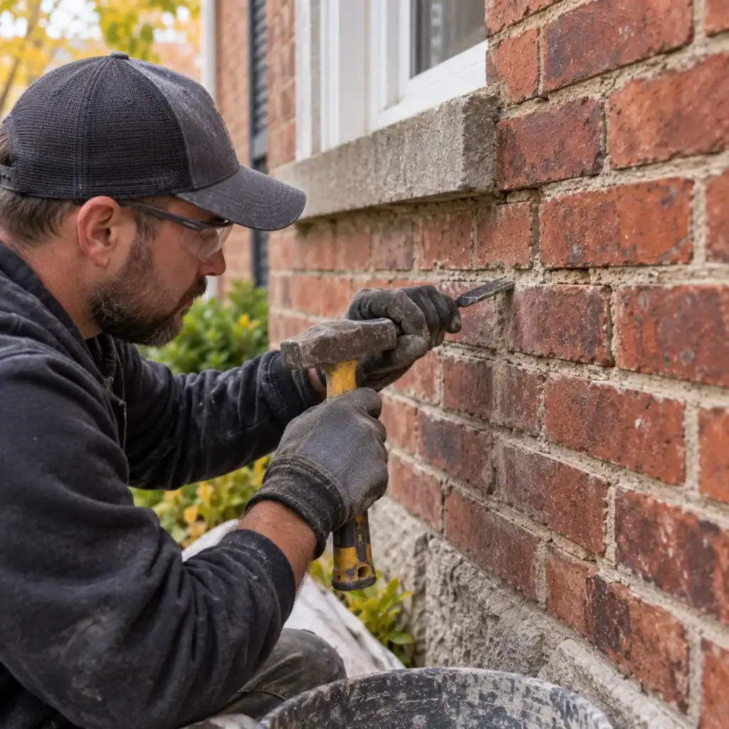 Careful removal of deteriorated mortar without damaging the surrounding brick