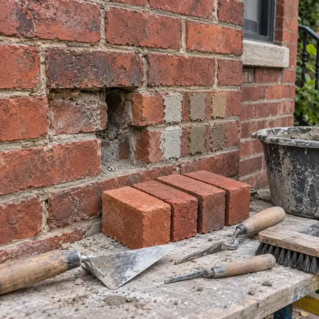 Different replacement brick textures compared beside older Toronto masonry