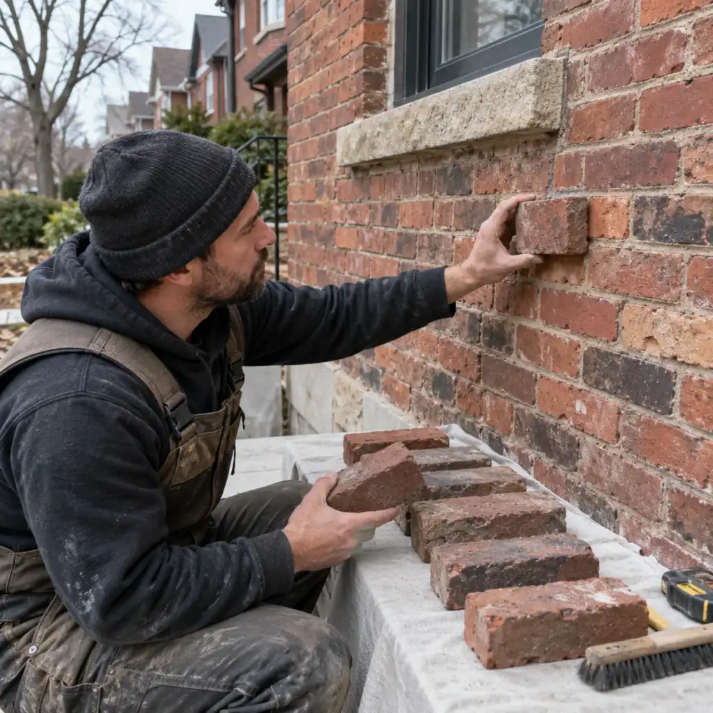 Reclaimed bricks being checked for compatibility with an older Toronto home