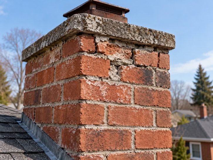 Weathered brick chimney showing exterior masonry deterioration