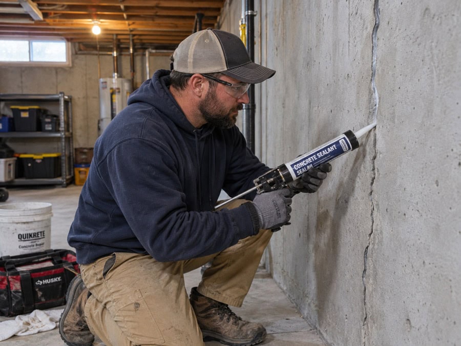 Worker applying concrete sealant along a vertical crack in a basement foundation wall