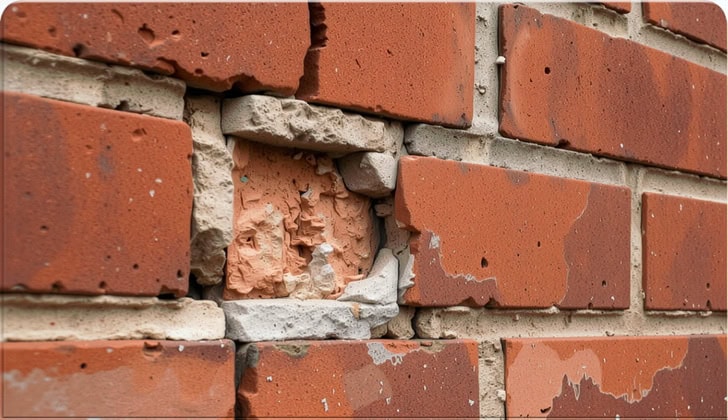 Close-up of damaged brick wall showing cracked and missing bricks.