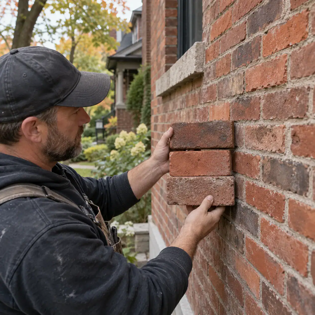 Mason comparing replacement brick samples with an older Toronto brick wall