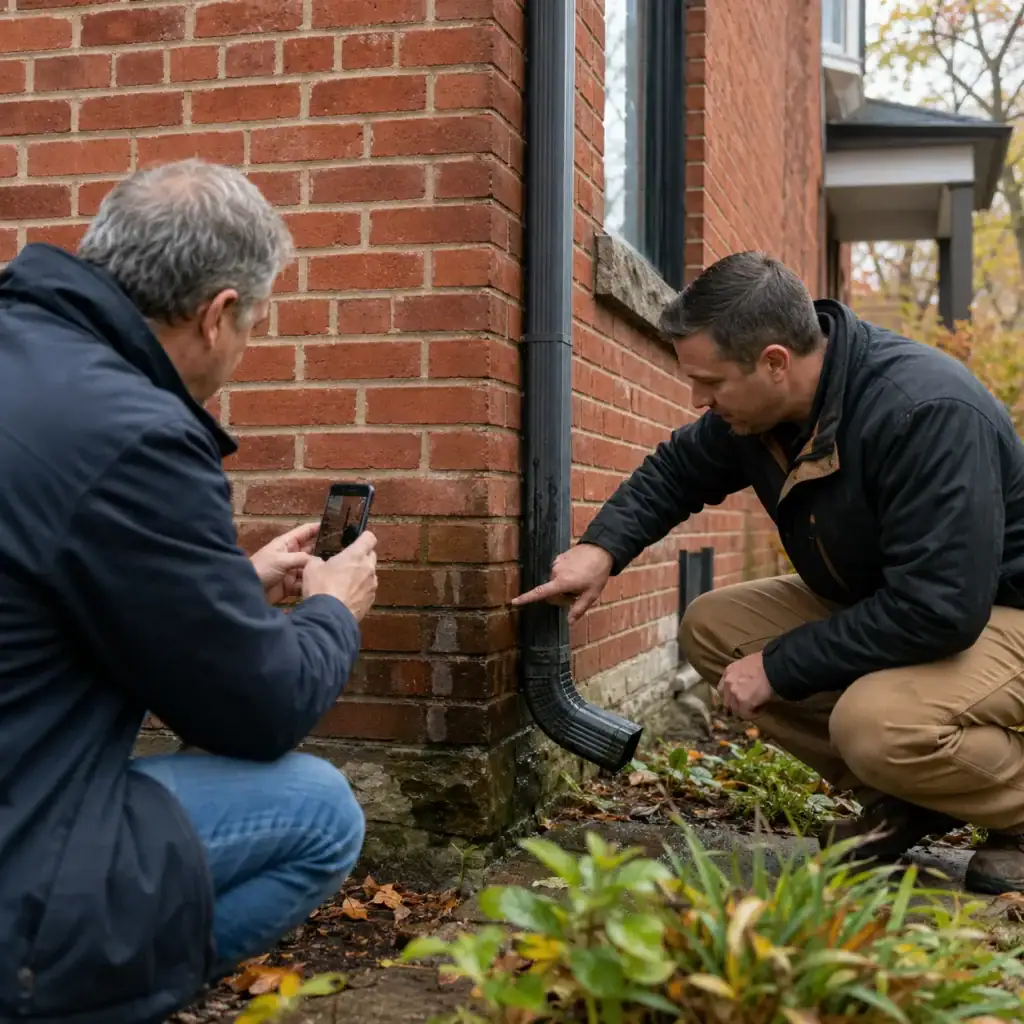 Homeowner documenting damp masonry during a fall exterior inspection