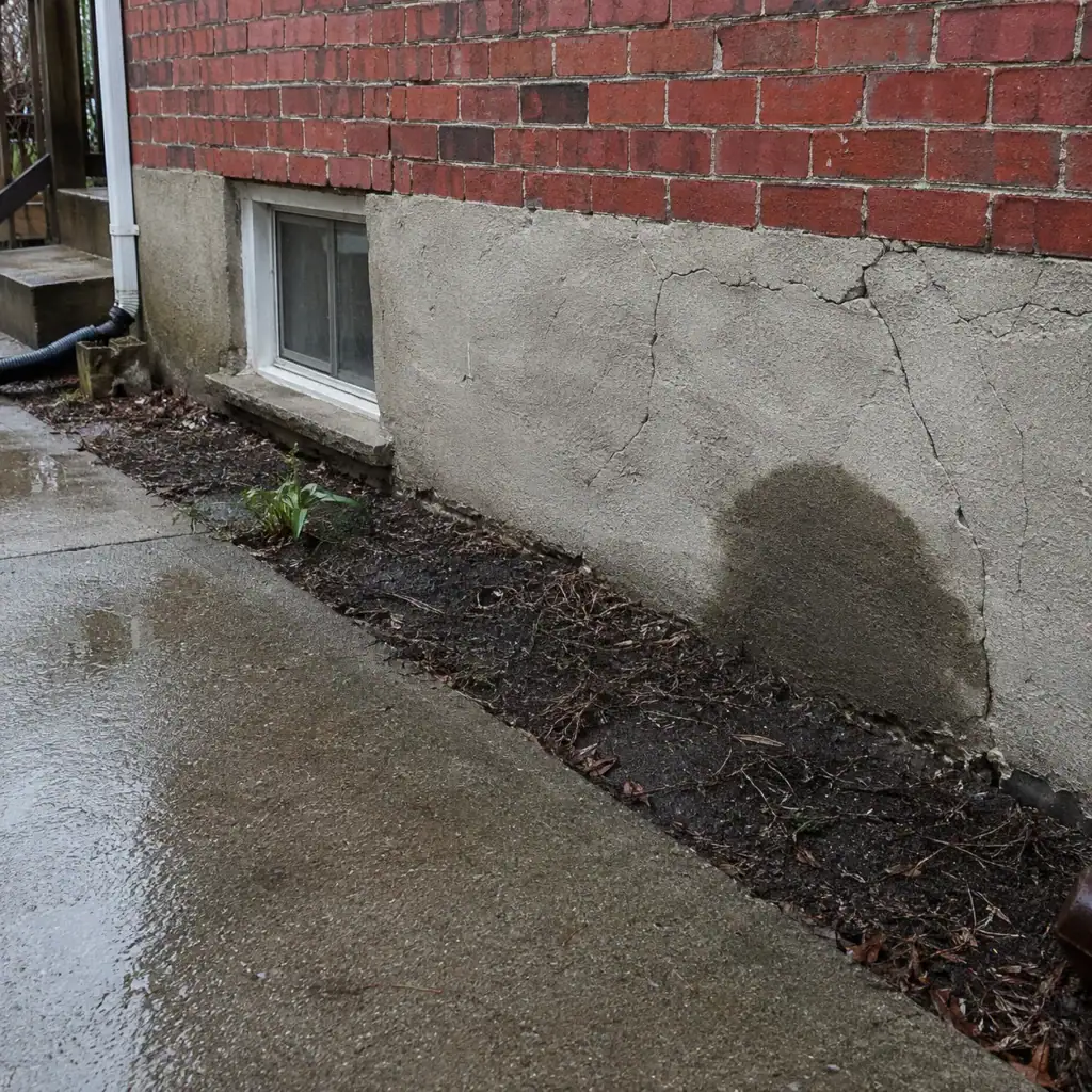 Cracked and damp foundation parging on a Toronto home
