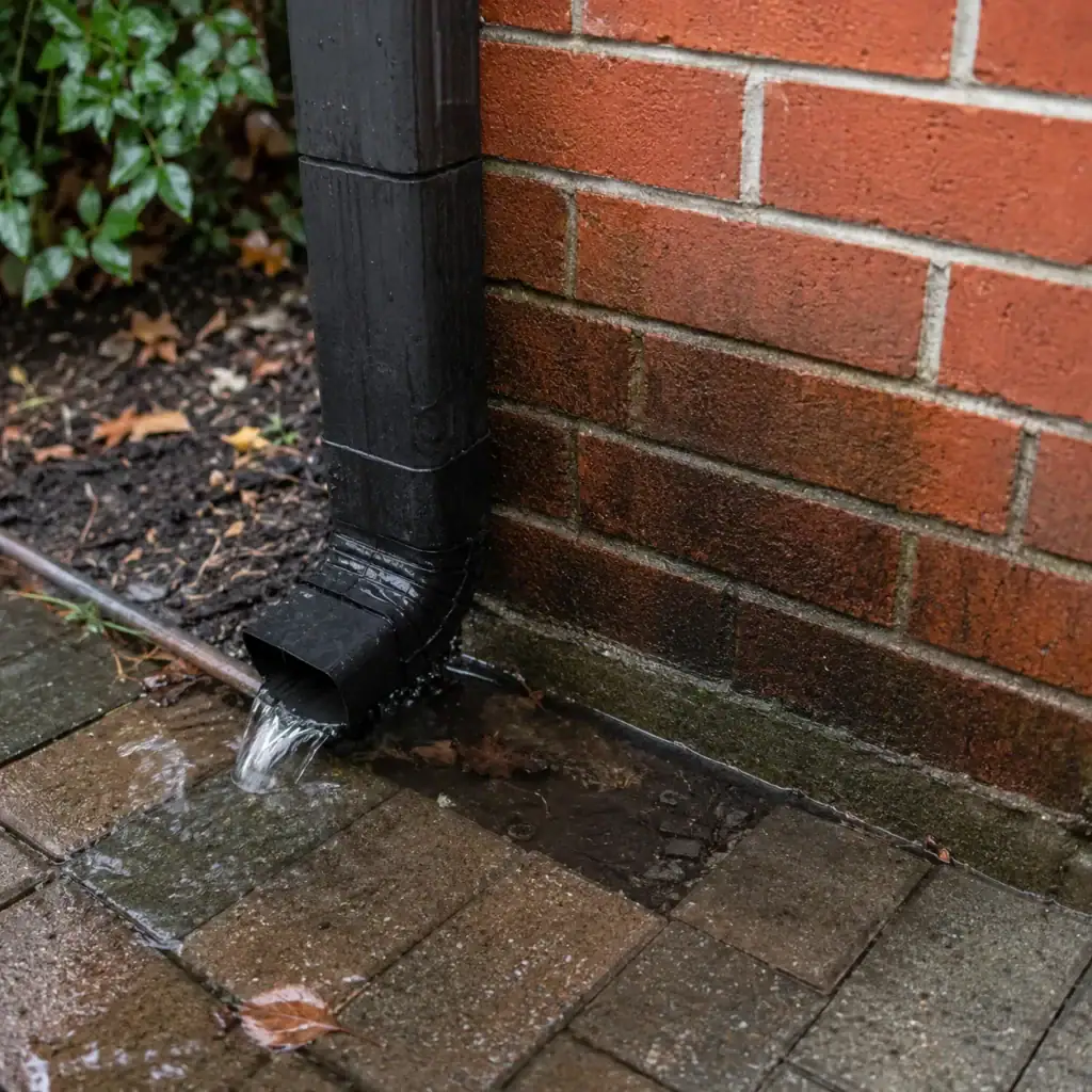 Downspout releasing rainwater beside damp brick and foundation masonry