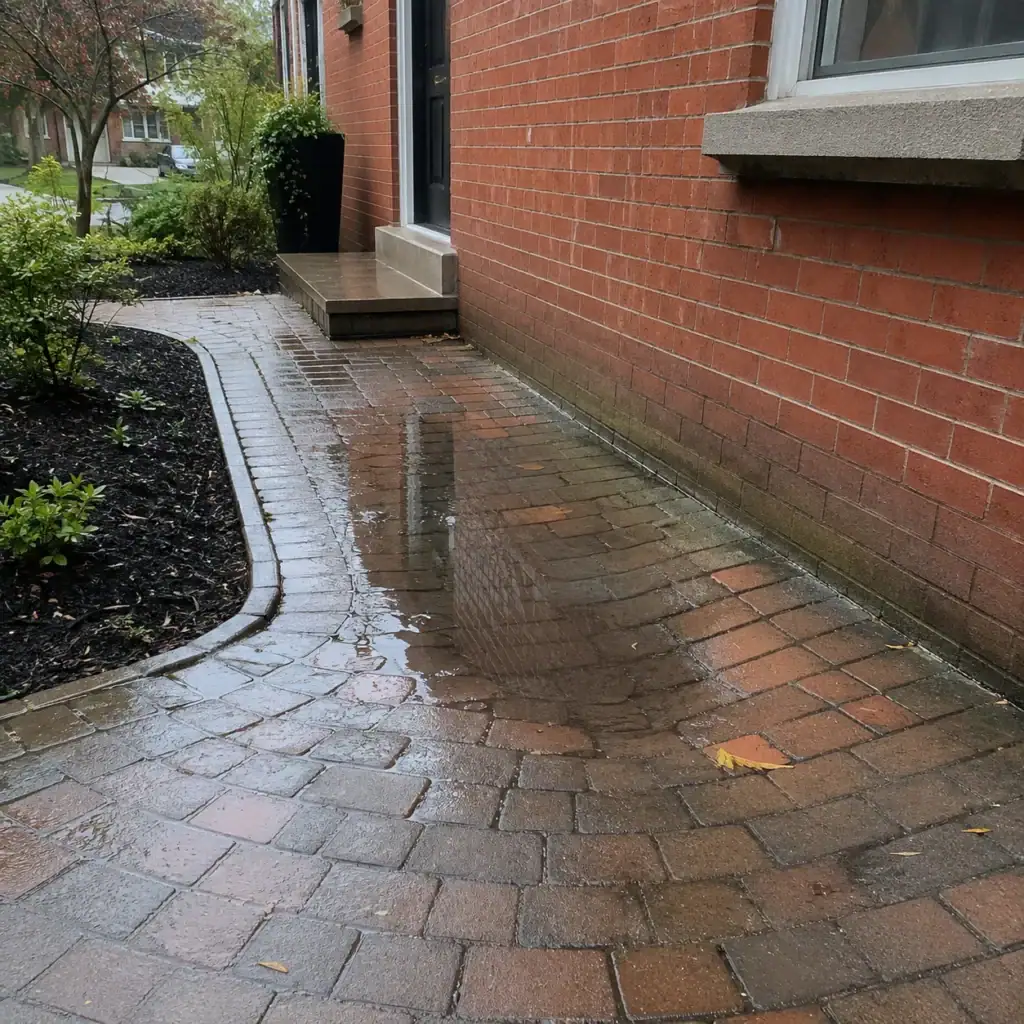 Water pooling on settled interlocking pavers beside a brick foundation