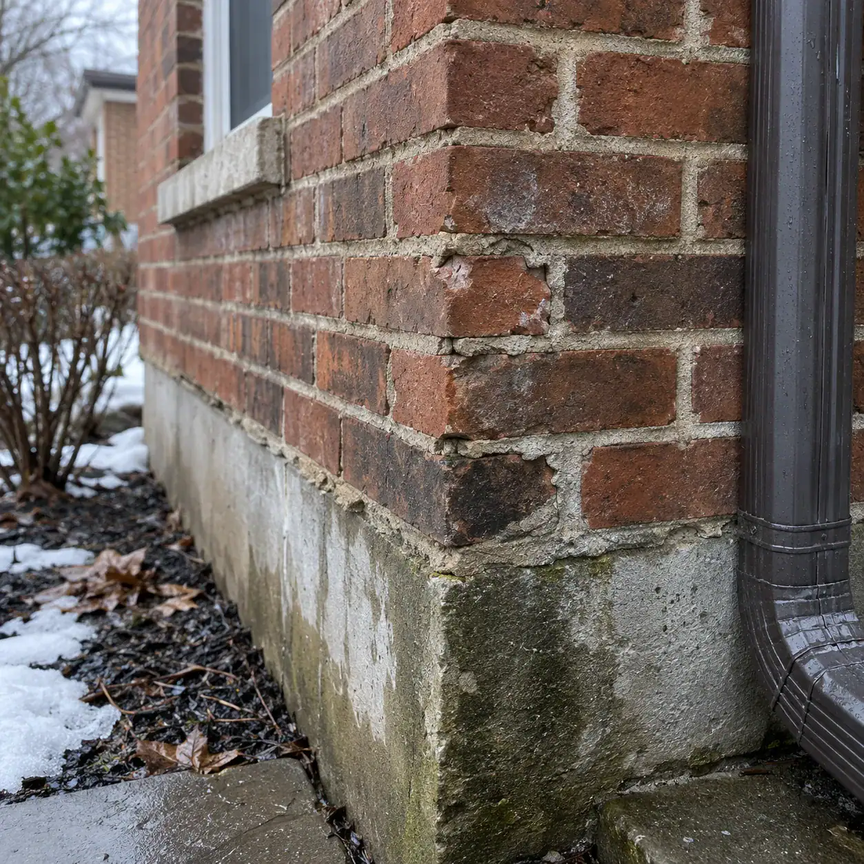 Weathered brick foundation corner with deteriorated mortar, stained concrete, and a downspout beside melting snow