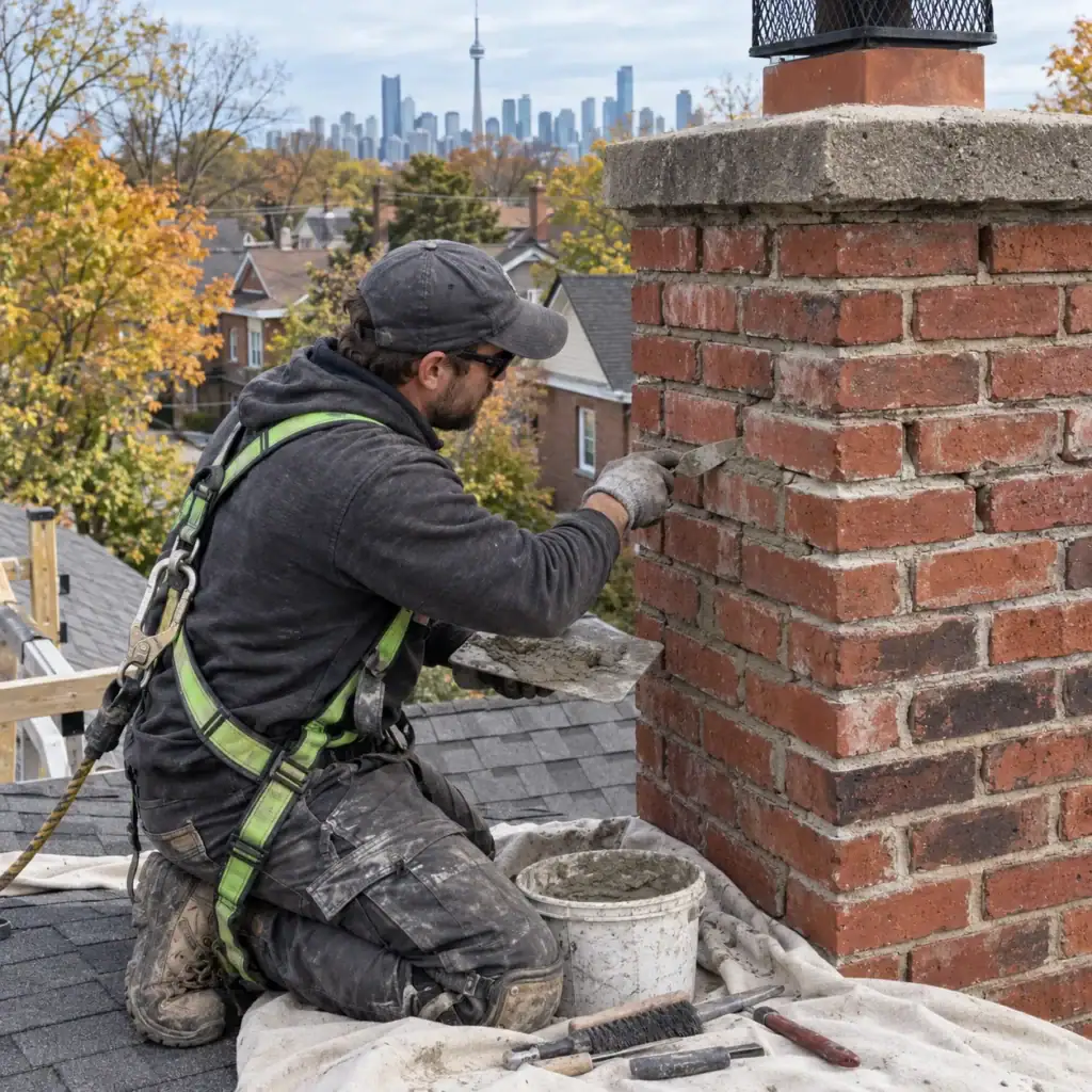 Mason repointing deteriorated mortar joints on a Toronto chimney