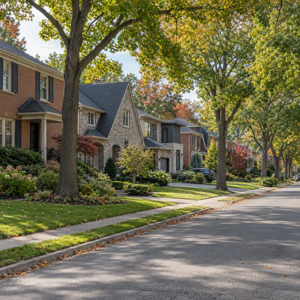 Tree-lined suburban street with brick and stone-clad homes in autumn