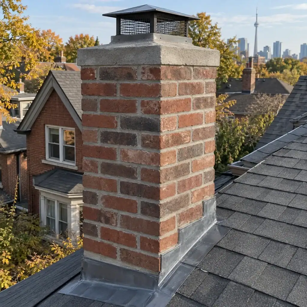 Brick chimney on residential roof with city skyline in background.