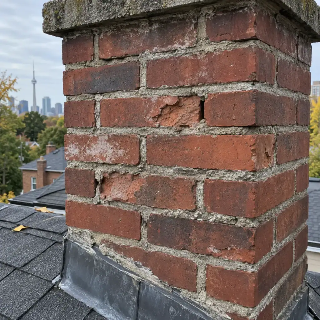 Spalling bricks on a Toronto chimney before winter