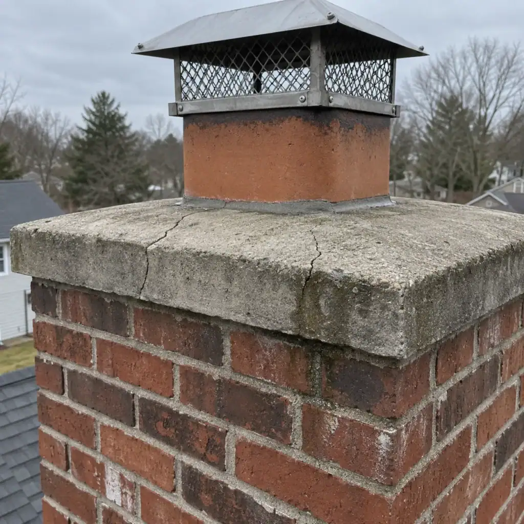 Cracked chimney crown allowing moisture into masonry