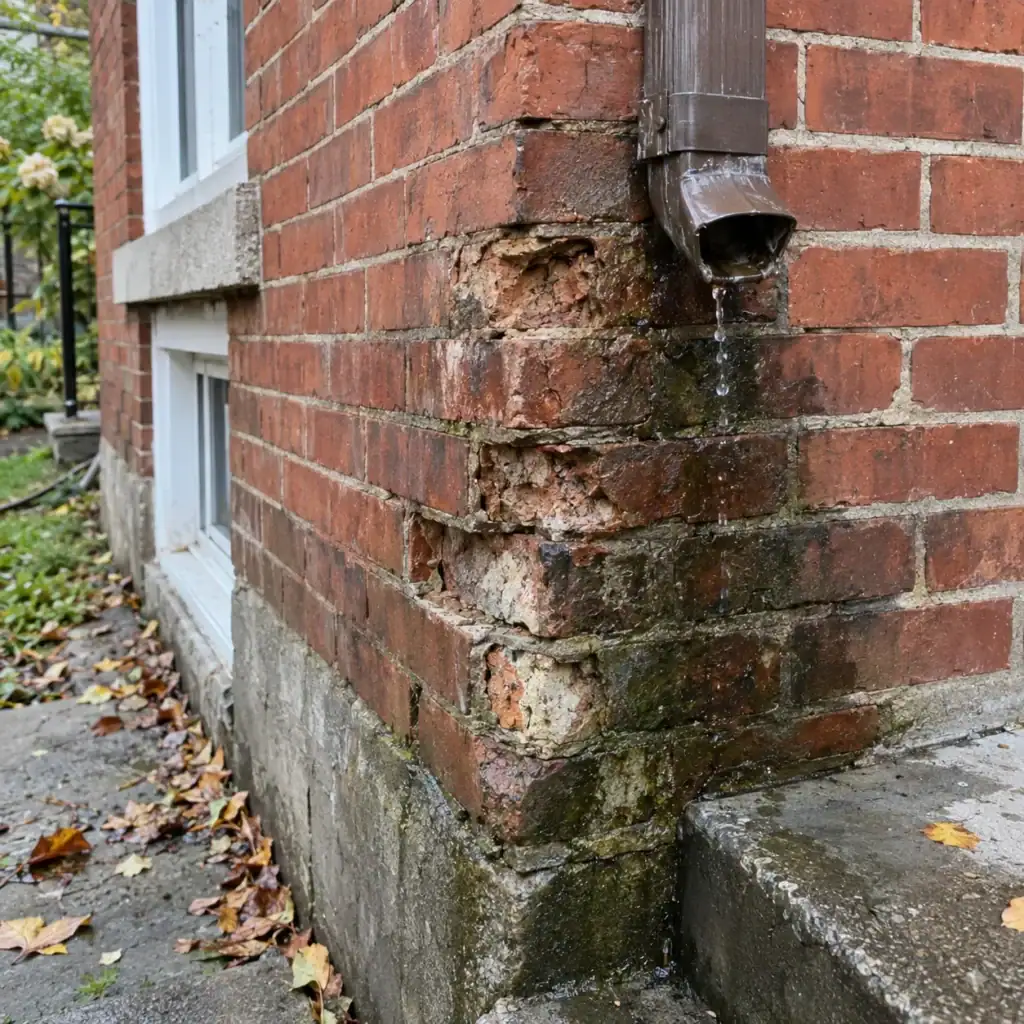 Spalled bricks and damp masonry near a downspout before replacement