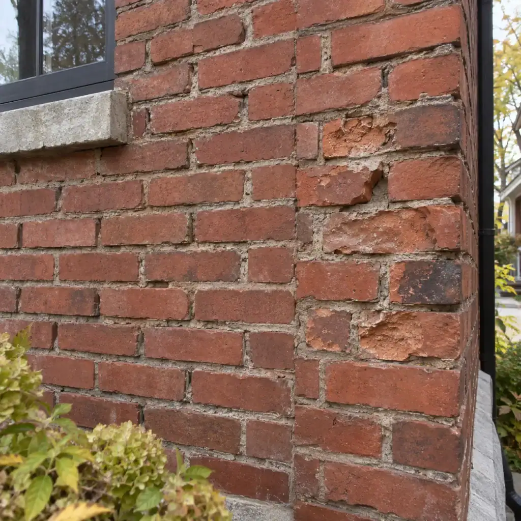 Toronto brick wall showing both failed mortar joints and damaged bricks requiring different repairs