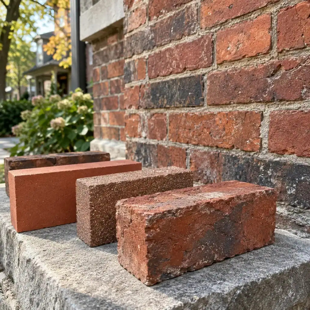 Replacement brick samples compared with the colour range of an older brick wall