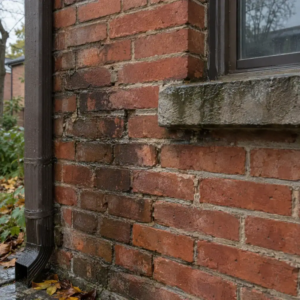Damp brick and deteriorated mortar joints after rain on a Toronto home
