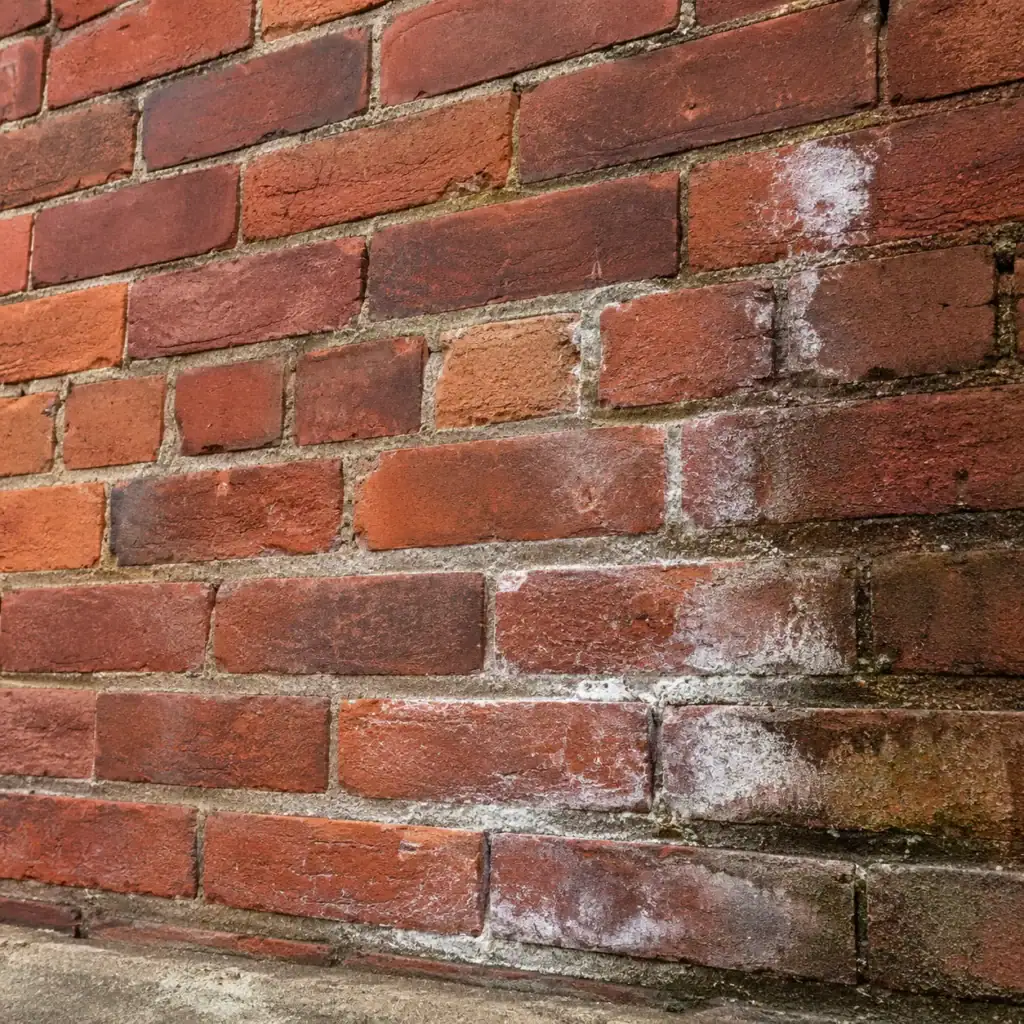 White efflorescence on damp red brick and mortar joints
