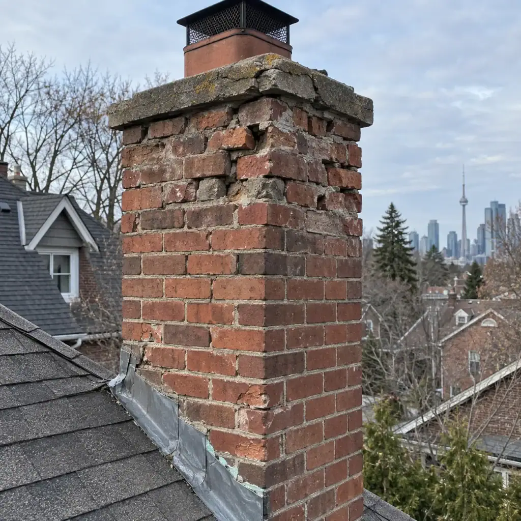 Brick chimney with mortar damage and cracks in Toronto home.