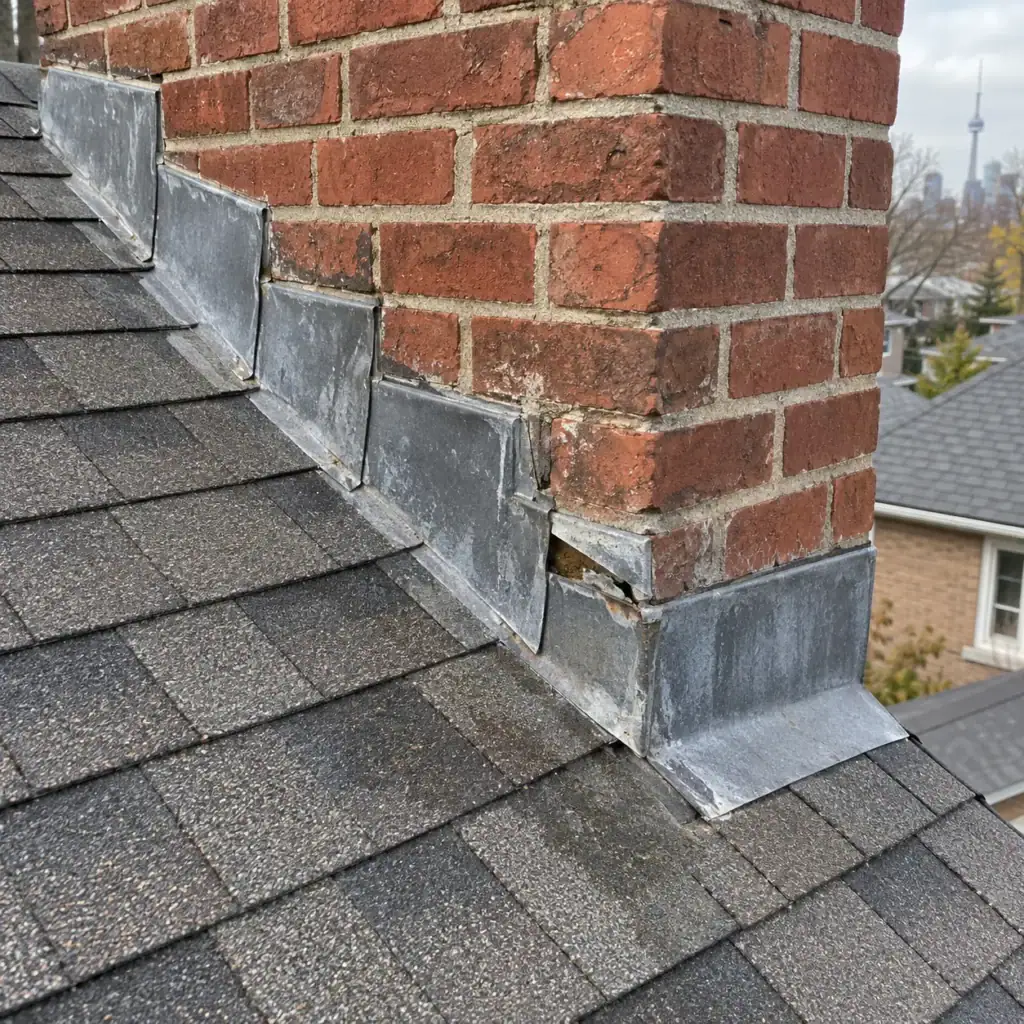 Chimney flashing being checked for a possible water-entry point