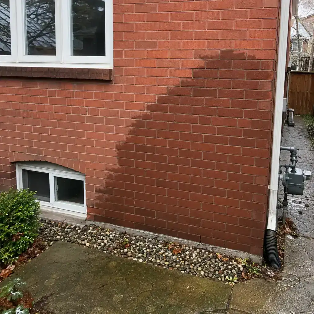 Wet red-brick exterior wall beside a downspout and damp concrete walkway